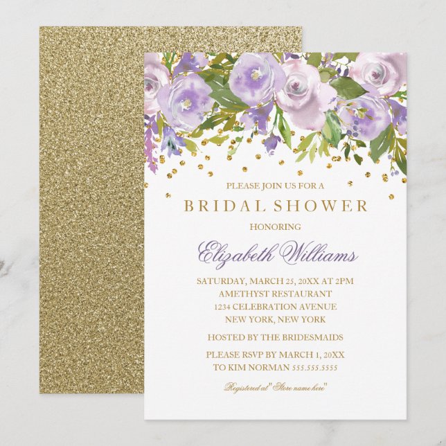 Convite de Chá de Noiva Floral Roxo Dourado Brilha (Frente/Verso)