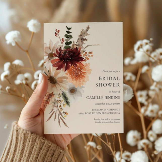 Convite de Chá de Noiva Floral Rústico de Outono (Autumn Floral Bridal Shower Invitation)