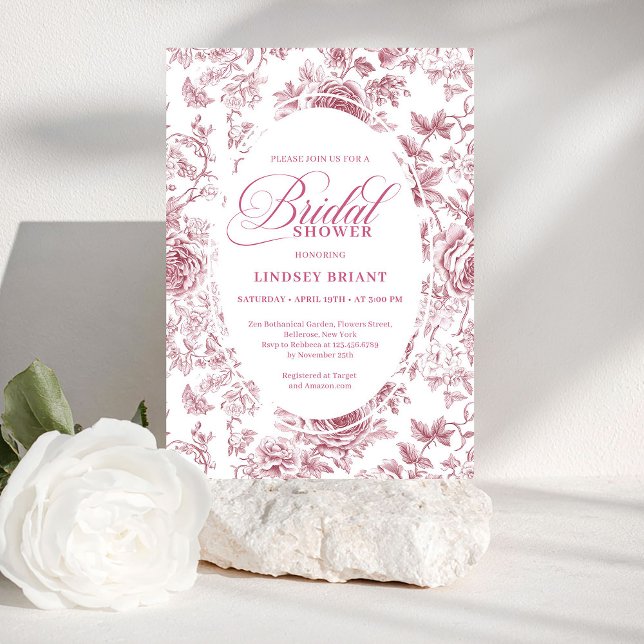 Convite de Chá de Noiva Floral Toile de Jouy Rosa  (Velvet Rose Toile Floral Bridal Shower Invitation Card

)