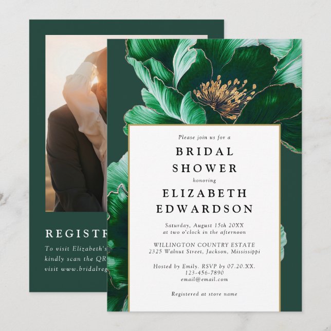 Convite de Chá de Noiva Floral Verde Esmeralda Cód (Frente/Verso)