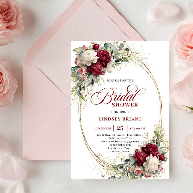 Convite de Chá de Noiva Floral Vermelho Chic Doura (Chic Deep Red Floral Gold Bridal Shower Invitation)
