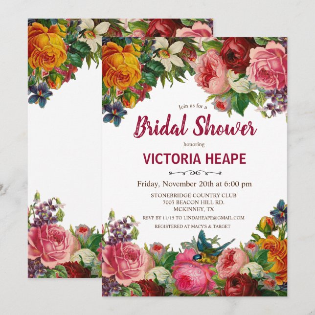 Convite de Chá de Noiva Floral Vitoriano Antigo (Frente/Verso)
