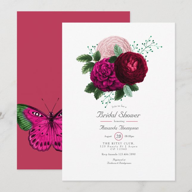 Convite de Chá de Noiva Floral Viva Magenta (Frente/Verso)
