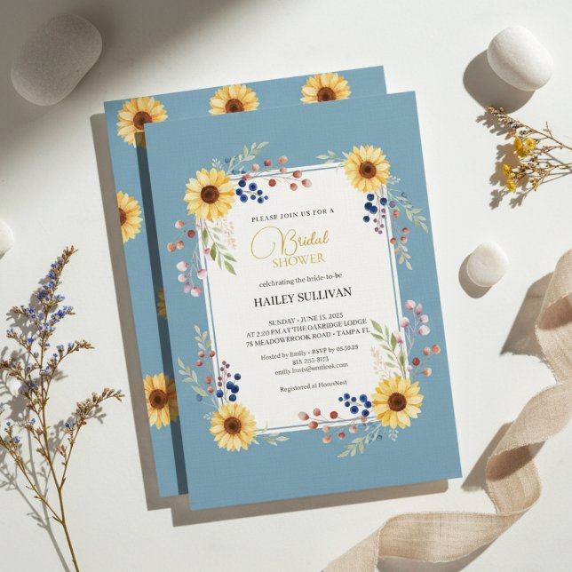 Convite de Chá de Noiva Girassol Azul Empoeirado c (elegant bridal shower invitation)