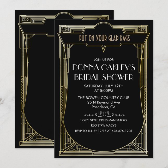 Convite de Chá de Noiva Great Gatsby Art Deco (Frente/Verso)