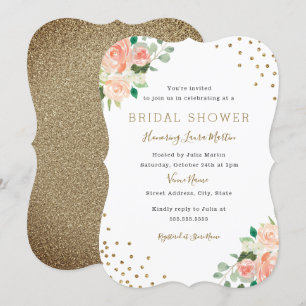 Convite de Chá de Noiva Peach Gold Floral Confetti
