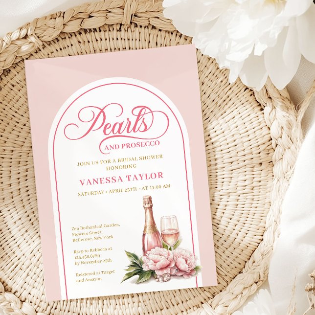 Convite de chá de noiva Pérolas Clássicas e Prosec (Classic pearls and prosecco bridal shower layout Invitation)