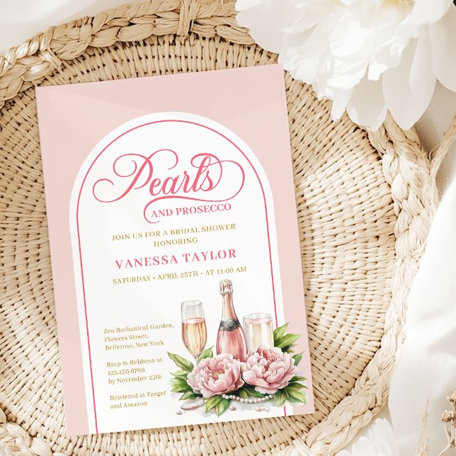 Convite de Chá de Noiva Pérolas e Rosa Elegante (Elegant Blush and Gold Pearls Bridal Shower Card)