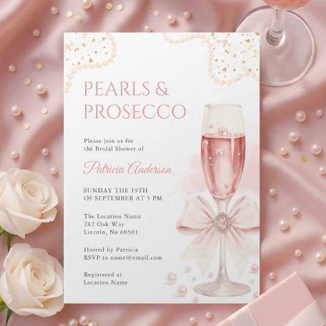 Convite de Chá de Noiva Pérolas Elegantes e Prosec (Criador carregado)