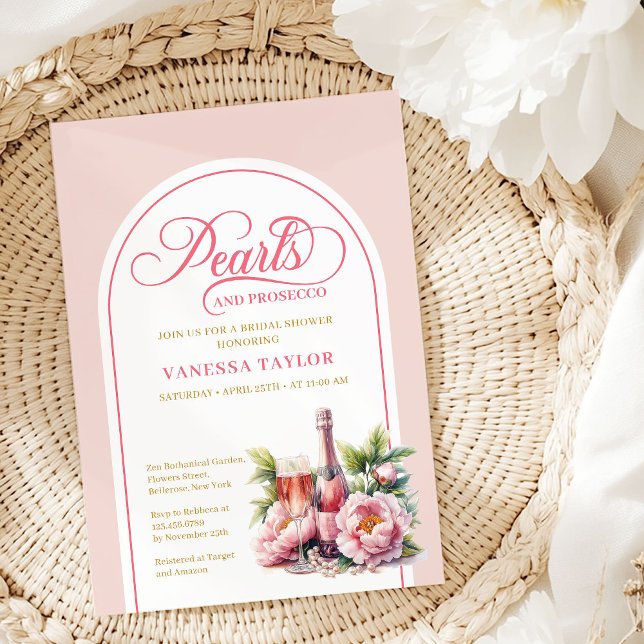 Convite de Chá de Noiva Pérolas Elegantes e Prosec (Elegant Pearls and Prosecco Bridal Shower Card)