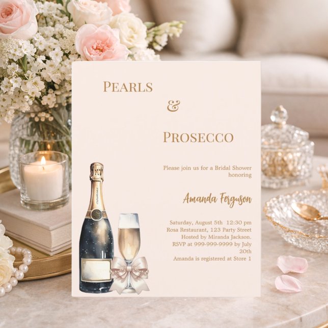 Convite de Chá de Noiva Pérolas Prosecco laço bege (Criador carregado)