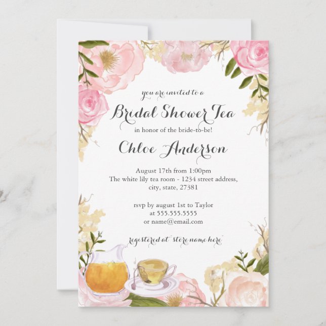 Convite de Chá de Noiva Pink Rose Teacup (Frente)