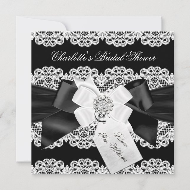Convite de Chá de Noiva Preto e Branco Pretty Lace (Frente)