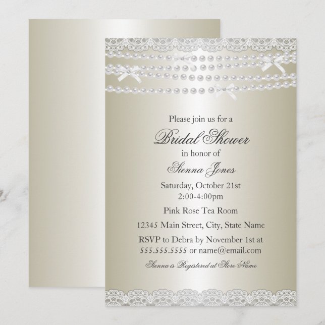 Convite de Chá de Noiva Pretty Lace & Pearl (Frente/Verso)