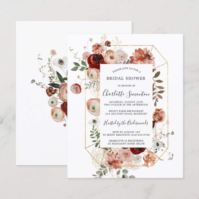 Convite de Chá de Noiva Rosa Dourado Vermelho Orça (Frente/Verso)