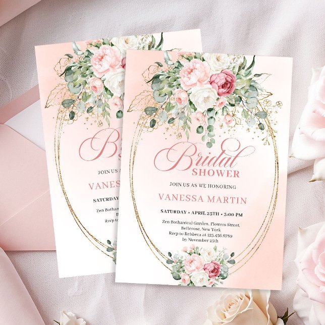 Convite de Chá de Noiva Rosa Luxuoso em Dourado (Luxury Blush Pink Bridal Shower Gold Invitation)