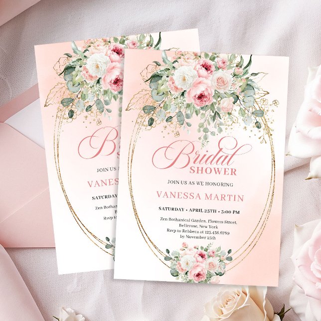 Convite de Chá de Noiva Rosa Moderno Dourado (Modern Blush Pink Bridal Shower Gold Invitation)