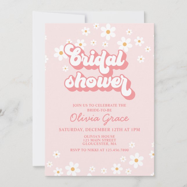 Convite de Chá de Noiva Rosa Retro Daisy (Frente)