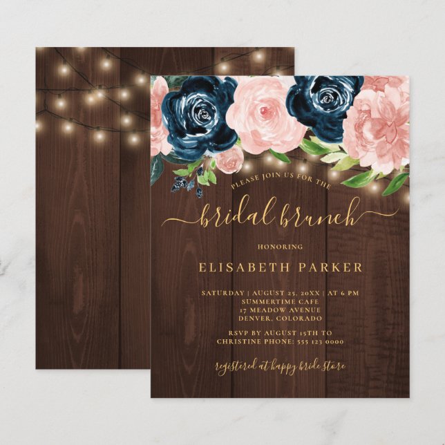 Convite de chá de noiva rústico de verão em madeir (Frente/Verso)