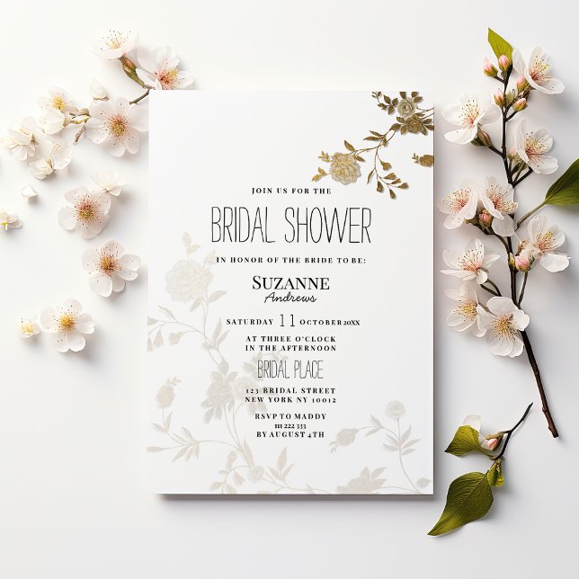 Convite de Chá de Noiva simples e elegante com gli (Simple chic white gold glitter flora Bridal Shower)