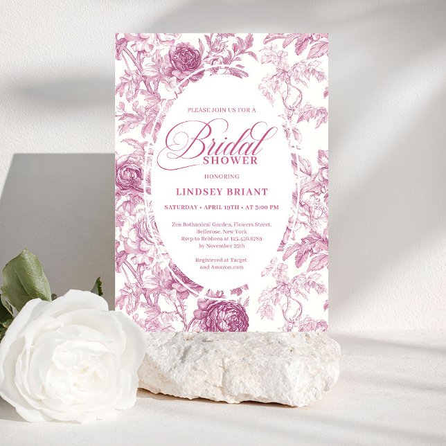Convite de Chá de Noiva Toile Floral em Dourado Ro (Luxury Rose Gold Floral Toile Bridal Shower Invitation)