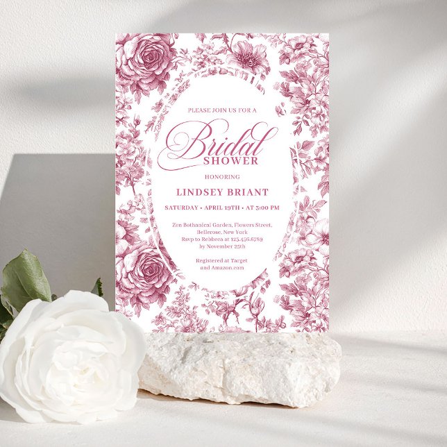 Convite de Chá de Panela Floral Toile Dourado Rosa (Lovely Rose Gold Toile Floral Bridal Shower Invitation

)