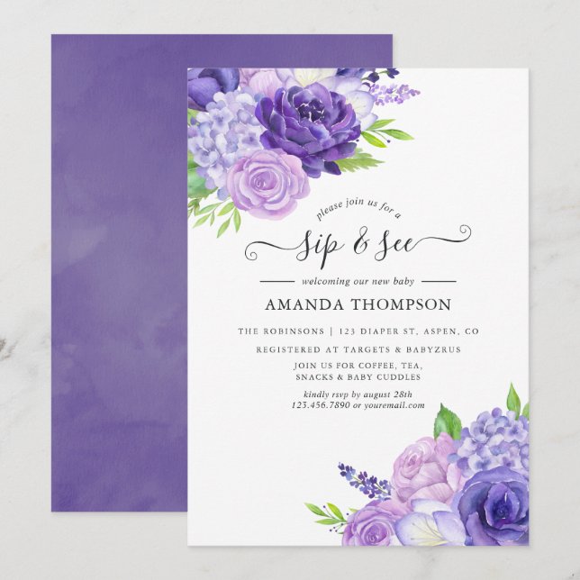 Convite de Chá e Visita Floral Aquarela Violeta Ul (Frente/Verso)