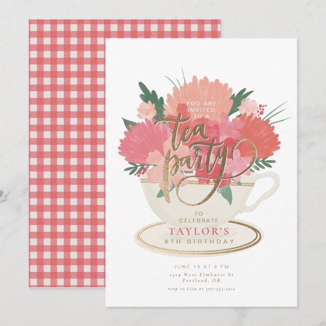 Convite de chá elegante com xícara floral (Frente/Verso)