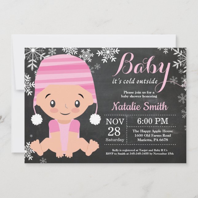 Convite de Chalkboard para Chá de Bebê Menina Rosa (Frente)