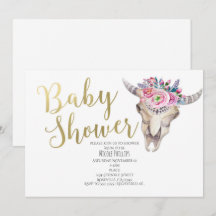 Convite de Chamada de Bebê Boho Dourado com Caveir