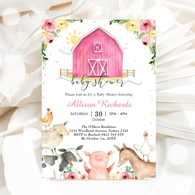 Convite de Chamada de Bebê Rosa Animais da Fazenda (Criador carregado)