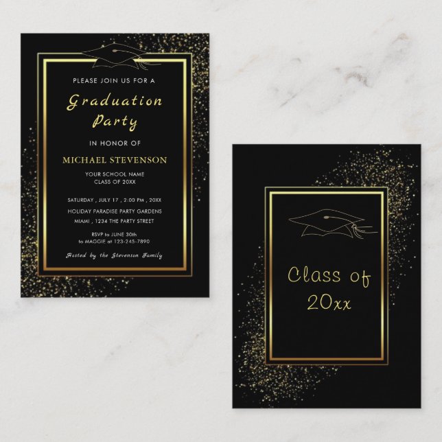 Convite de Chapéu de Festa de Formatura Preto com  (Frente/Verso)