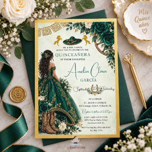Convite de Charro Quinceanera Floral Branco Verde