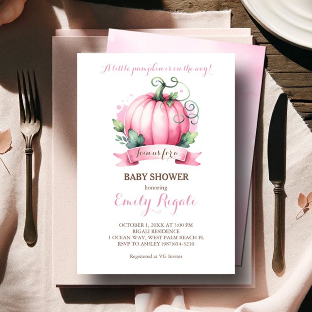 Convite de Chás de Bebê Abóbora Rosa – Tema de Out (Baby shower invitations girl pink watercolor pumpkin )