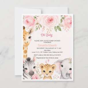 Convite de Chás de Bebê Animais da Safari Floral e