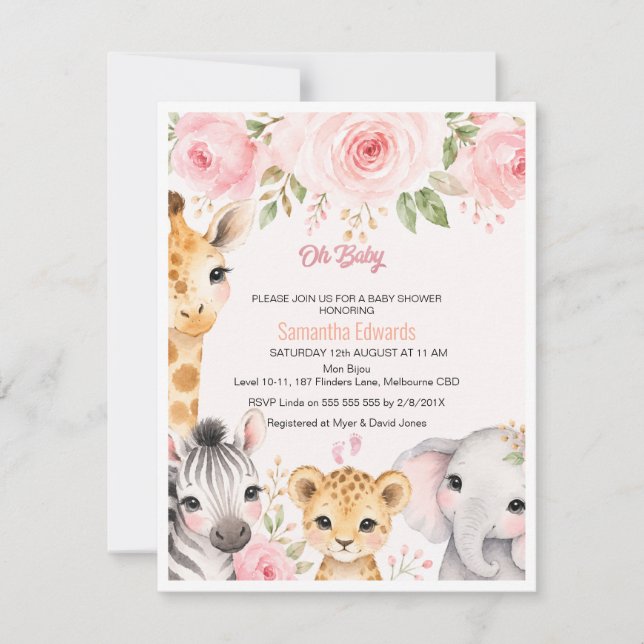 Convite de Chás de Bebê Animais da Safari Floral e (Frente)