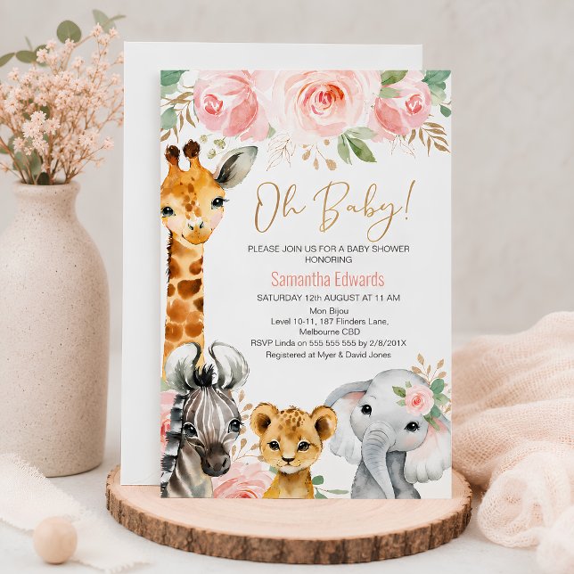Convite de Chás de Bebê Animais da Safari Floral e (Criador carregado)