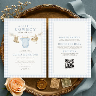 Convite de Chás de Bebê Azul Xadrez Cowboy Little