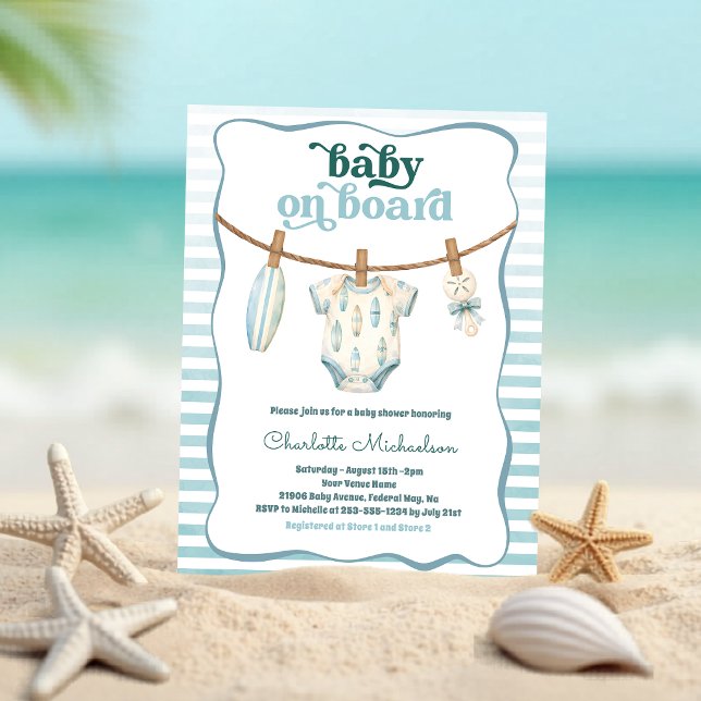 Convite de Chás de Bebê Baby on Board Surf Clothes (Baby on Board Surf Clothesline Baby Shower Invite)