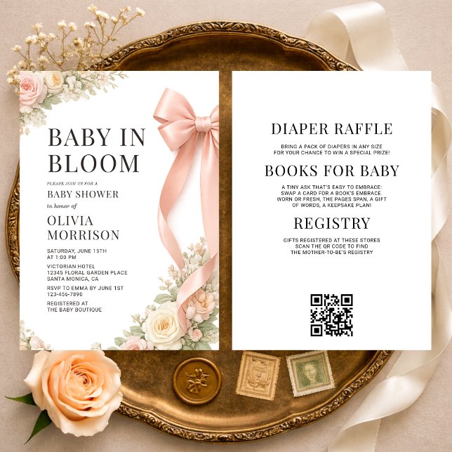 Convite de Chás de Bebê Bebê em Flor com Laço Rosa (Criador carregado)