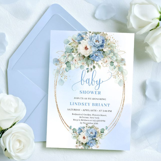 Convite de Chás de Bebê Boho Dusty Blue Flores Euc (Boho Dusty Blue Flowers Eucalyptus Gold Baby Shower)