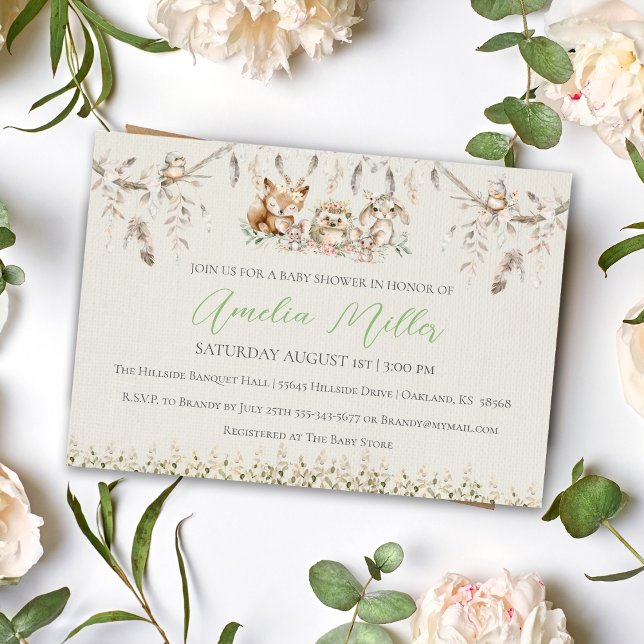 Convite de Chás de Bebê Boho Woodland Critters (Boho Forest Baby Woodland Animals Baby Shower Invitation)