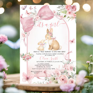 Convite de Chás de Bebê Coelho Floral Rosa com Laç