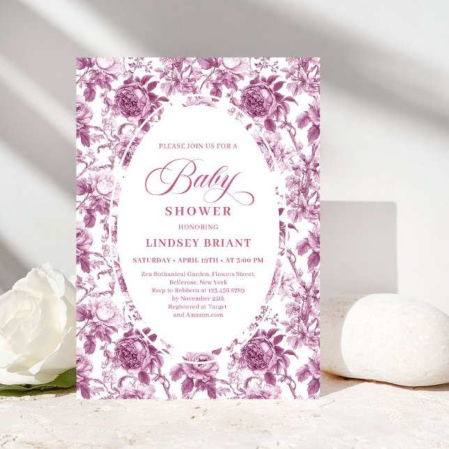 Convite de Chás de Bebê com Estampa de Rosa Fúcsia (Dark Fuchsia Rose Pattern Toile Baby Shower Invitation)