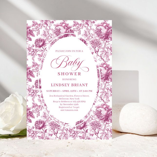 Convite de Chás de Bebê com Estampa de Rosa Royal  (Royal Blush Rose Pattern Toile Baby Shower Invitation)