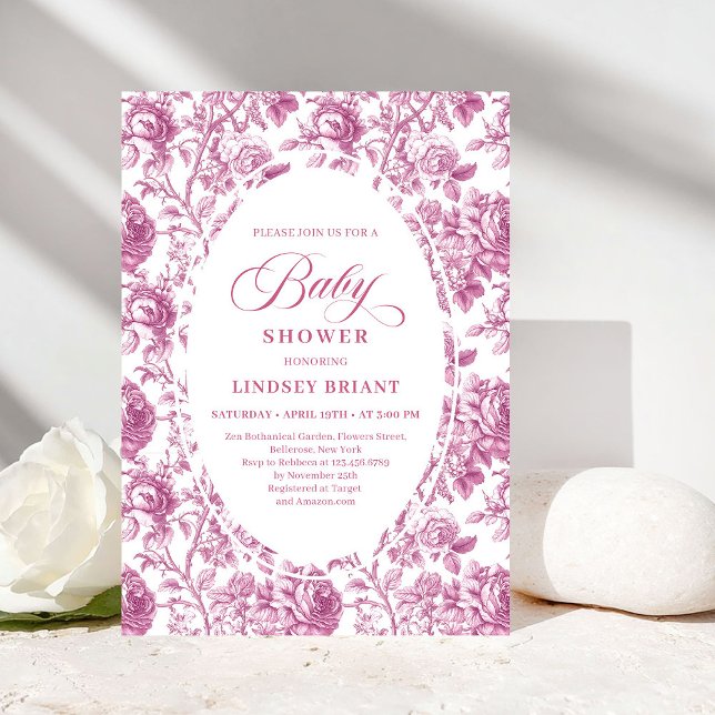 Convite de Chás de Bebê com Floral Toile Rosa Luxu (Luxury Dusty Rose Floral Toile Baby Shower Invitation)