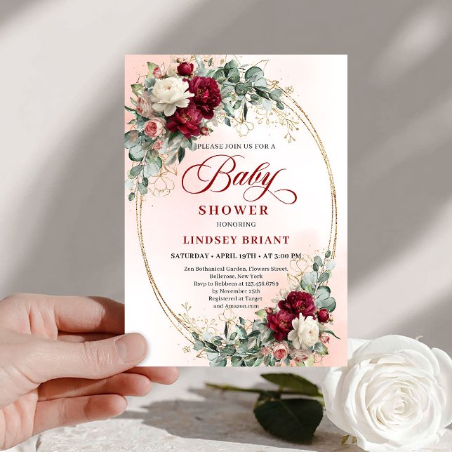 Convite de Chás de Bebê com Flores de Borgonha Dou (Timeless Burgundy Gold Floral Baby Shower Invite)