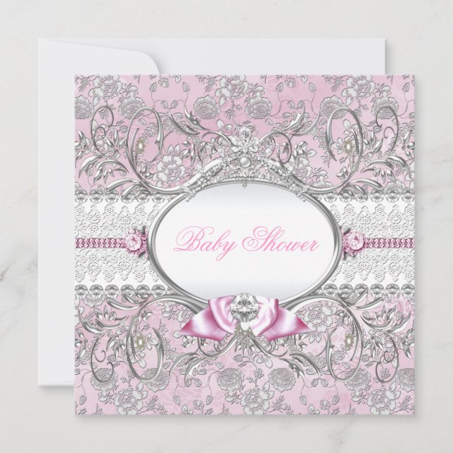 Convite de Chás de Bebê com Laço Floral Rosa e Pra (Frente)