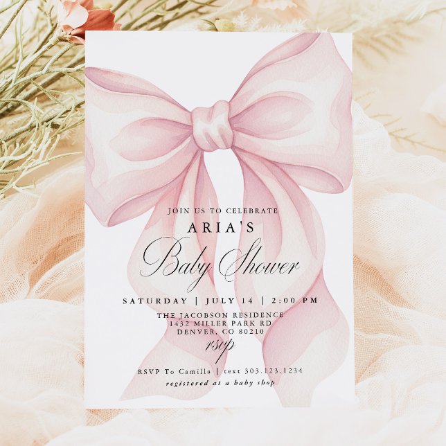Convite de Chás de Bebê com Laço Rosa, Bebê Menina (Blush Pink Coquette Bow Girl Baby Shower Invitation)