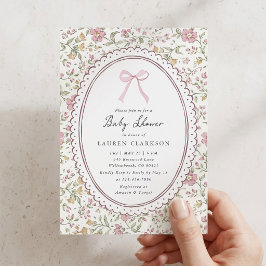 Convite de Chás de Bebê com Laço Rosa Floral Vinta